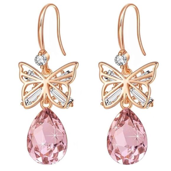 14K Rose Gold with Pink Sapphire Austrian Crystal Butterfly Teardrop Earrings